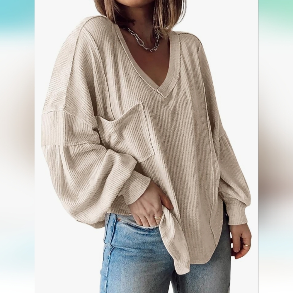 BTFBM V Neck Ribbed Knit Shirts Pullover Tunic Long Sleeve Blouse size L Apricot